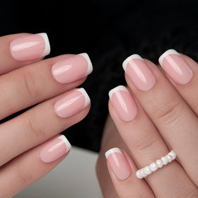 CurvLife Short Square French Tip Press On Nails in a storage box