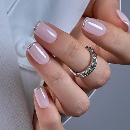 CurvLife Short Square French Tip Press On Nails in ivory silvery nude white