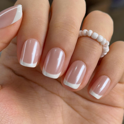 CurvLife Short Square French Tip Press On Nails in Pearl Edge Nude front view