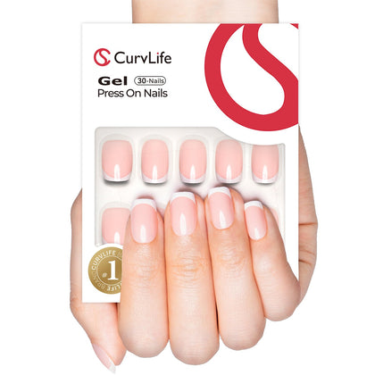 CurvLife Short Square French Tip Press On Nails in pink