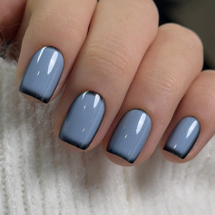CurvLife Short Square French Tip Press On Nails in Slate Edge Black front view
