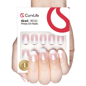 CurvLife Short Square French Tip Press On Nails in storage box