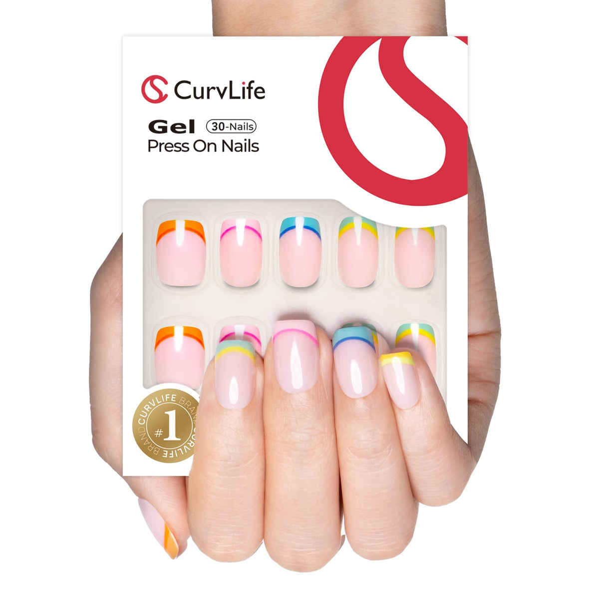 CurvLife Short Square French Tip Press On Nails in storage box