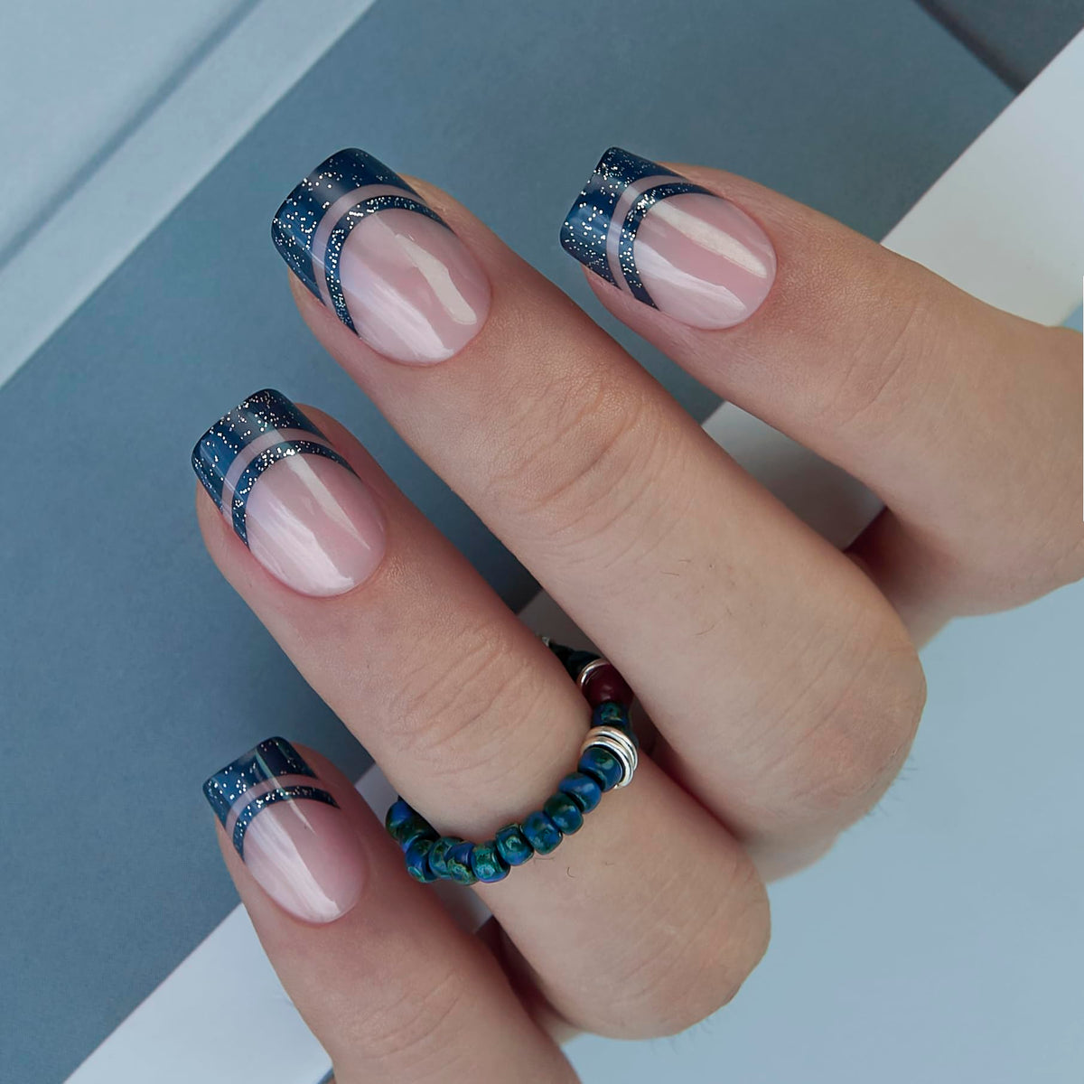 CurvLife Short Square French Tip Press On Nails Midnight Blue front view