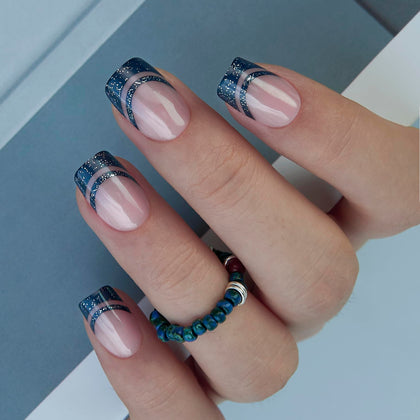 CurvLife Short Square French Tip Press On Nails Midnight Blue front view