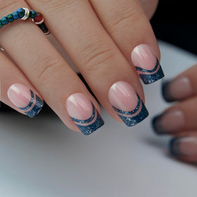 CurvLife Short Square French Tip Press On Nails Midnight Blue with accessories