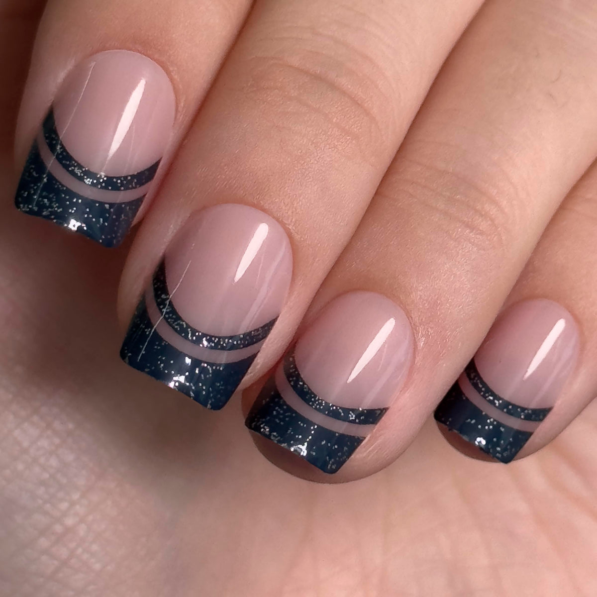 CurvLife Short Square French Tip Press On Nails Midnight Blue with storage box