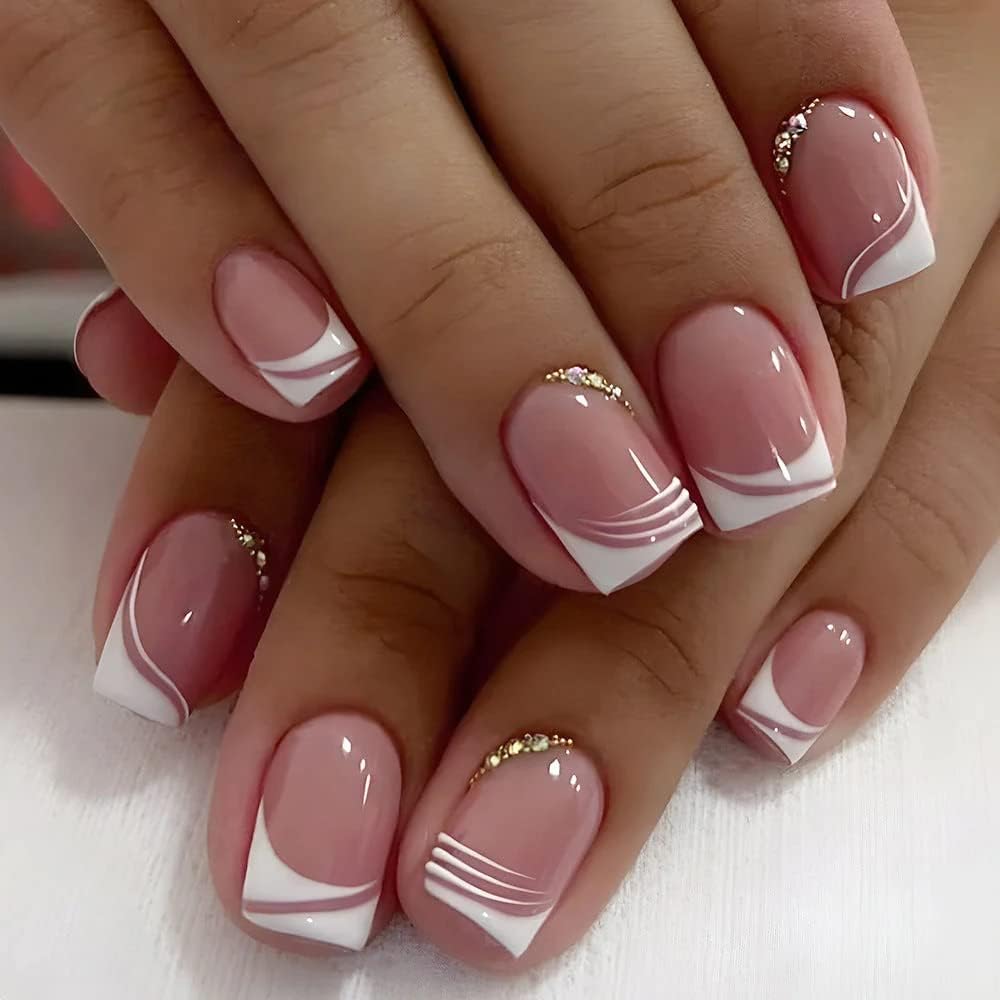 CurvLife Short Square French Tip Press On Nails showing custom fit sizes