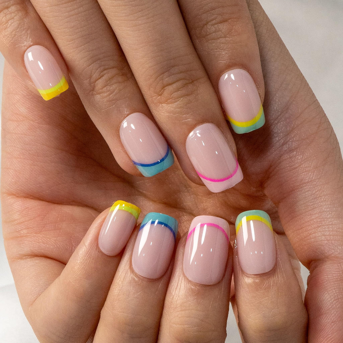CurvLife Short Square French Tip Press On Nails with cuticle stick and prep pad
