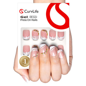 CurvLife Short Square French Tip Press On Nails with golden edge, front view