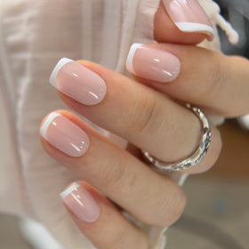 CurvLife Short Square French Tip Press On Nails with nail glue and accessories