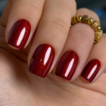 CurvLife Short Square Glitter Press On Nails in Smoky Ruby Red front view