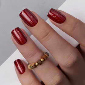 CurvLife Short Square Glitter Press On Nails in Wine Mirror Red front view