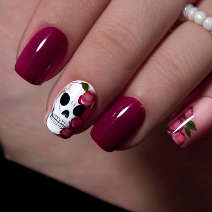 CurvLife Short Square Halloween Press On Nails in Gothic White Red front view