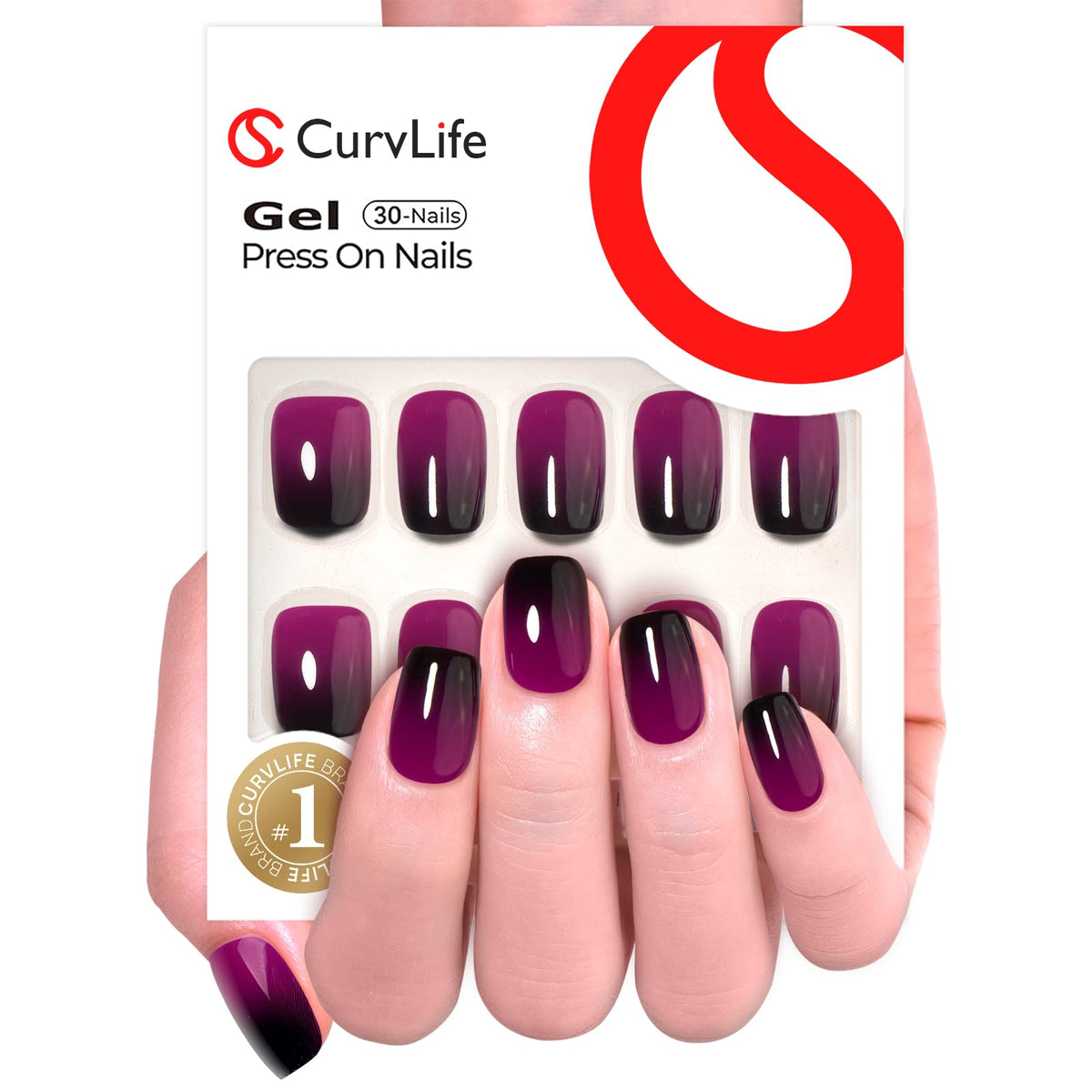 CurvLife Short Square Ombre Press On Nails gradient glow purple in storage box