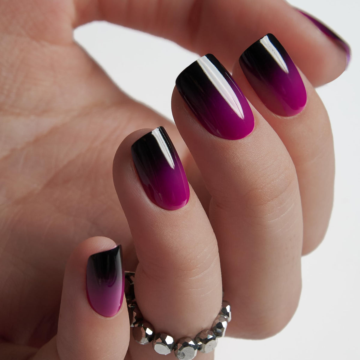CurvLife Short Square Ombre Press On Nails gradient glow purple side view