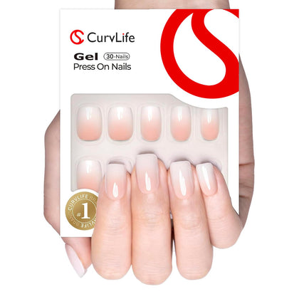 CurvLife Short Square Ombre Press On Nails Milky Fade White front view
