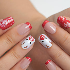 CurvLife Short Square Press On Nails Christmas Deer Red close-up