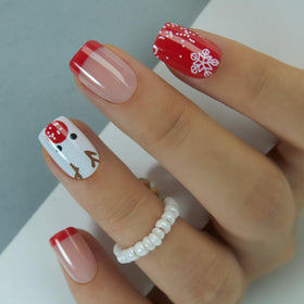 CurvLife Short Square Press On Nails Christmas Deer Red with accessories