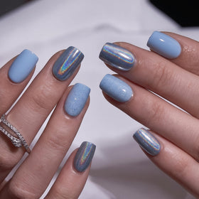 CurvLife Short Square Press On Nails displayed with nail glue and adhesive tabs