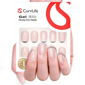CurvLife Short Square Press On Nails Flash White Nude with accessories