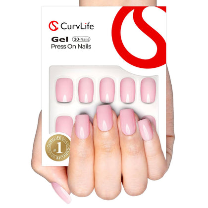 CurvLife Short Square Press On Nails Pink Gloss front view