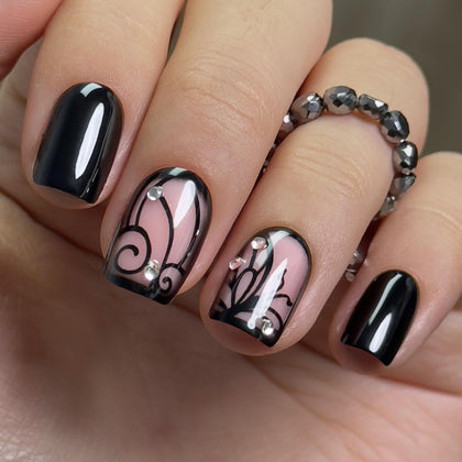 CurvLife Short Square Press On Nails Rhinestone Swirl Black front view