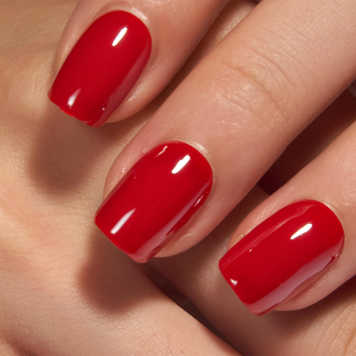 CurvLife Short Square Press On Nails Ruby Gloss Red with nail glue and file