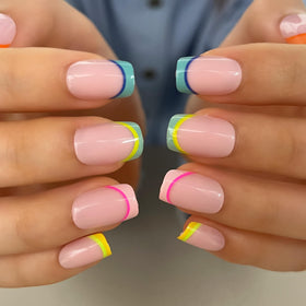 CurvLife Short Square Rainbow Design Press On Nails with nail glue and accessories