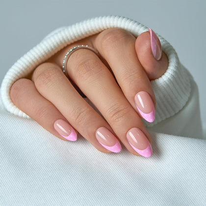 CurvLife Soft Gel Press On Nails medium almond nude pink French tip front view