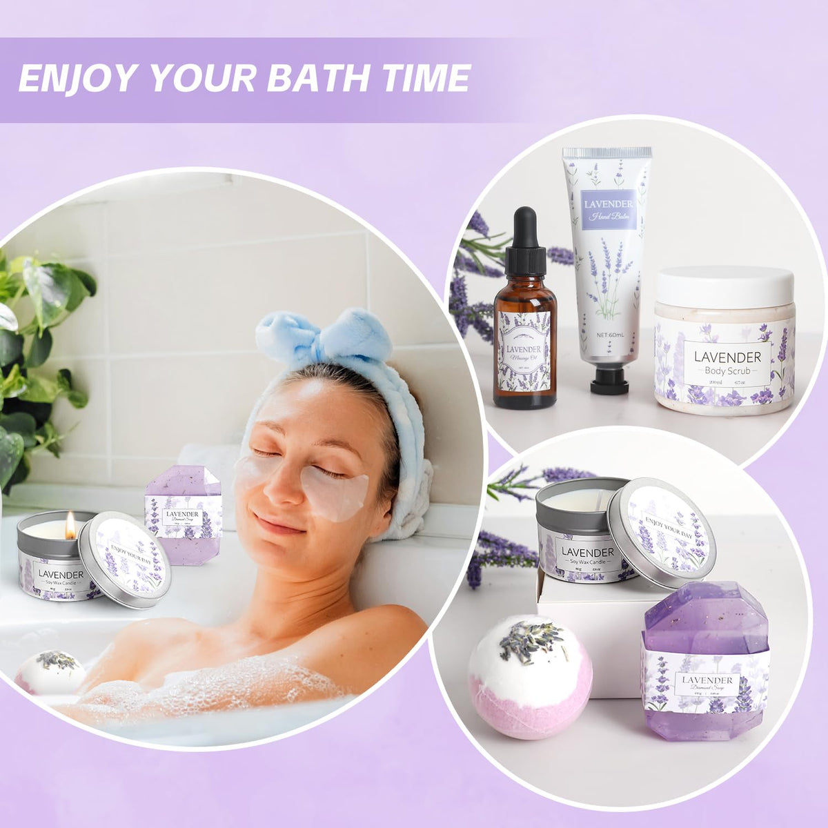 Customized lavender gift box containing spa products