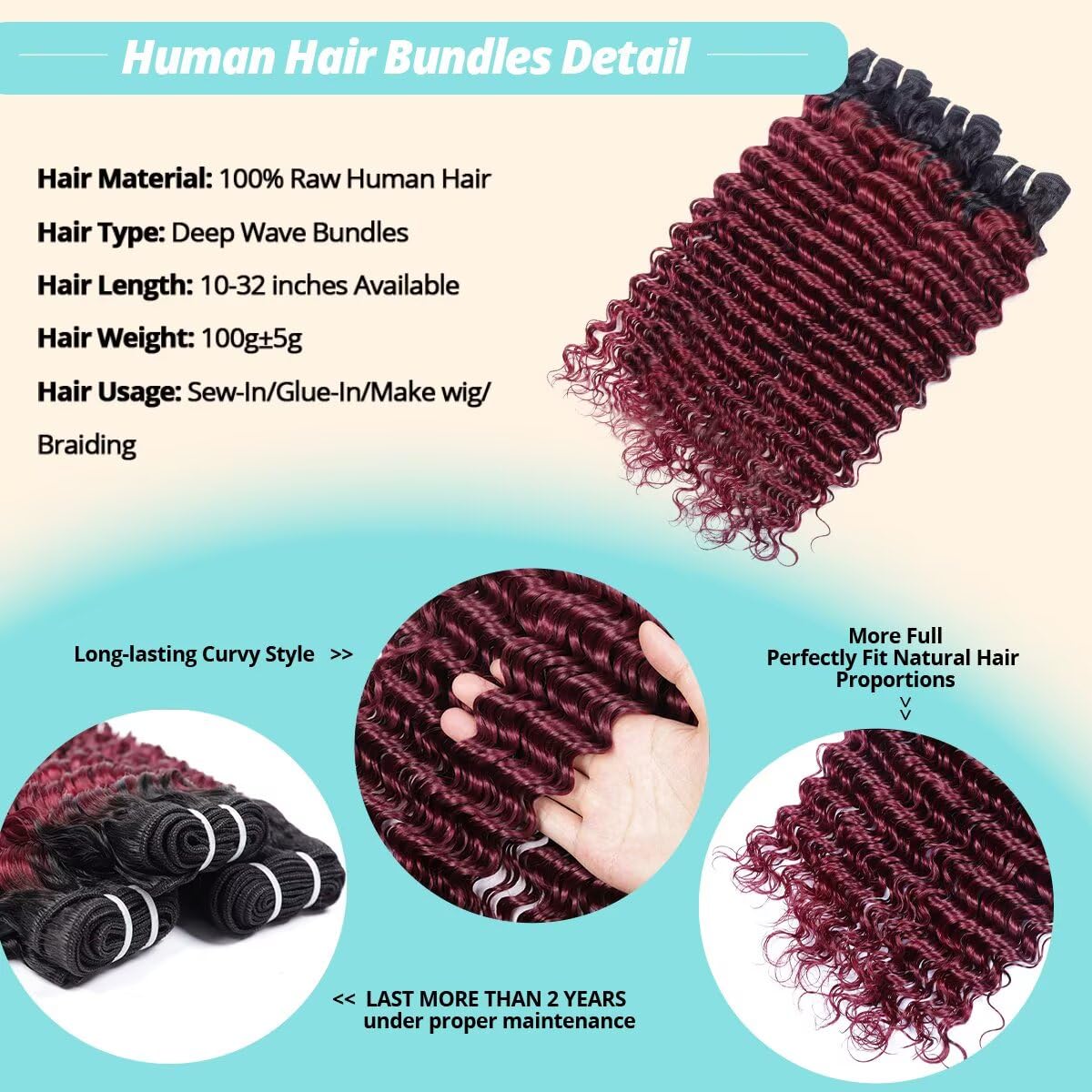 Cuzuzu 12A Deep Wave Human Hair Bundle texture close-up