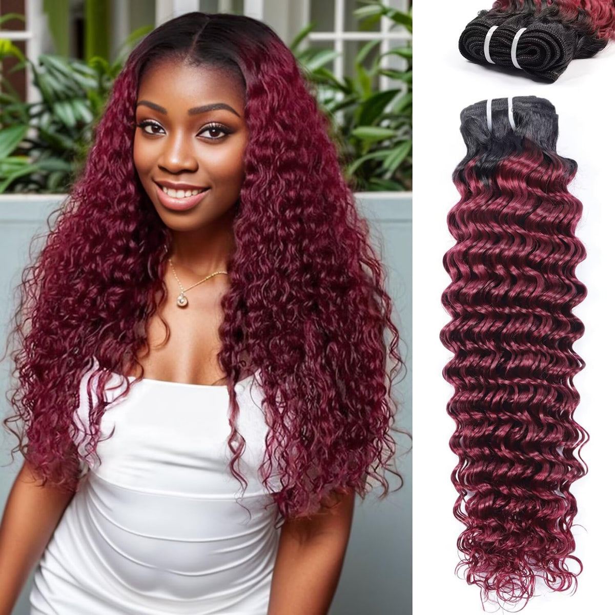 Cuzuzu 12A Human Hair Bundles 16 Inch Deep Wave Burgundy front view