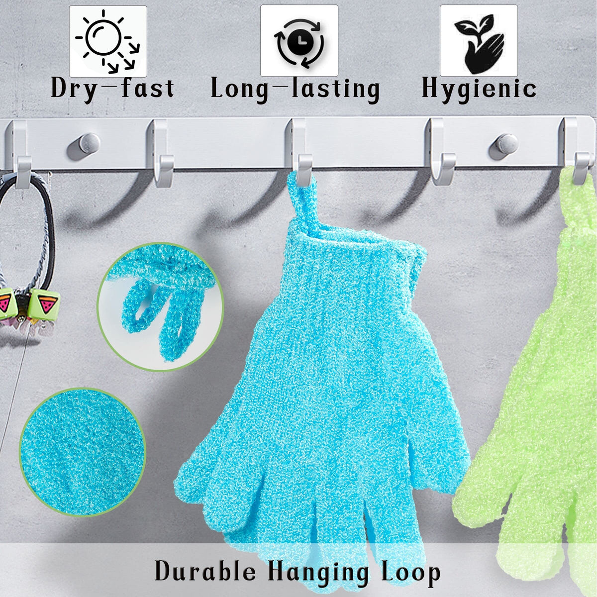 CVNDKN Exfoliating Bath Gloves displayed on a bathroom shelf