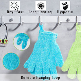 CVNDKN Exfoliating Bath Gloves displayed on a bathroom shelf