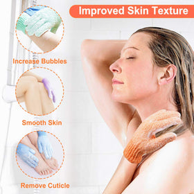 CVNDKN Exfoliating Shower Gloves displayed in a bathroom setting