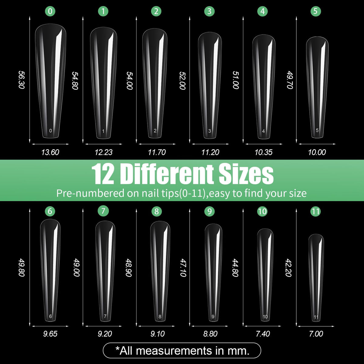 Cycullinyt Long Coffin Nail Tips close-up of sizes