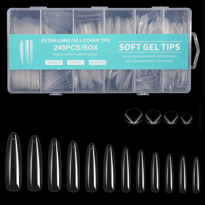 Cycullinyt Long Round Nail Tips 240Pcs clear soft gel front view