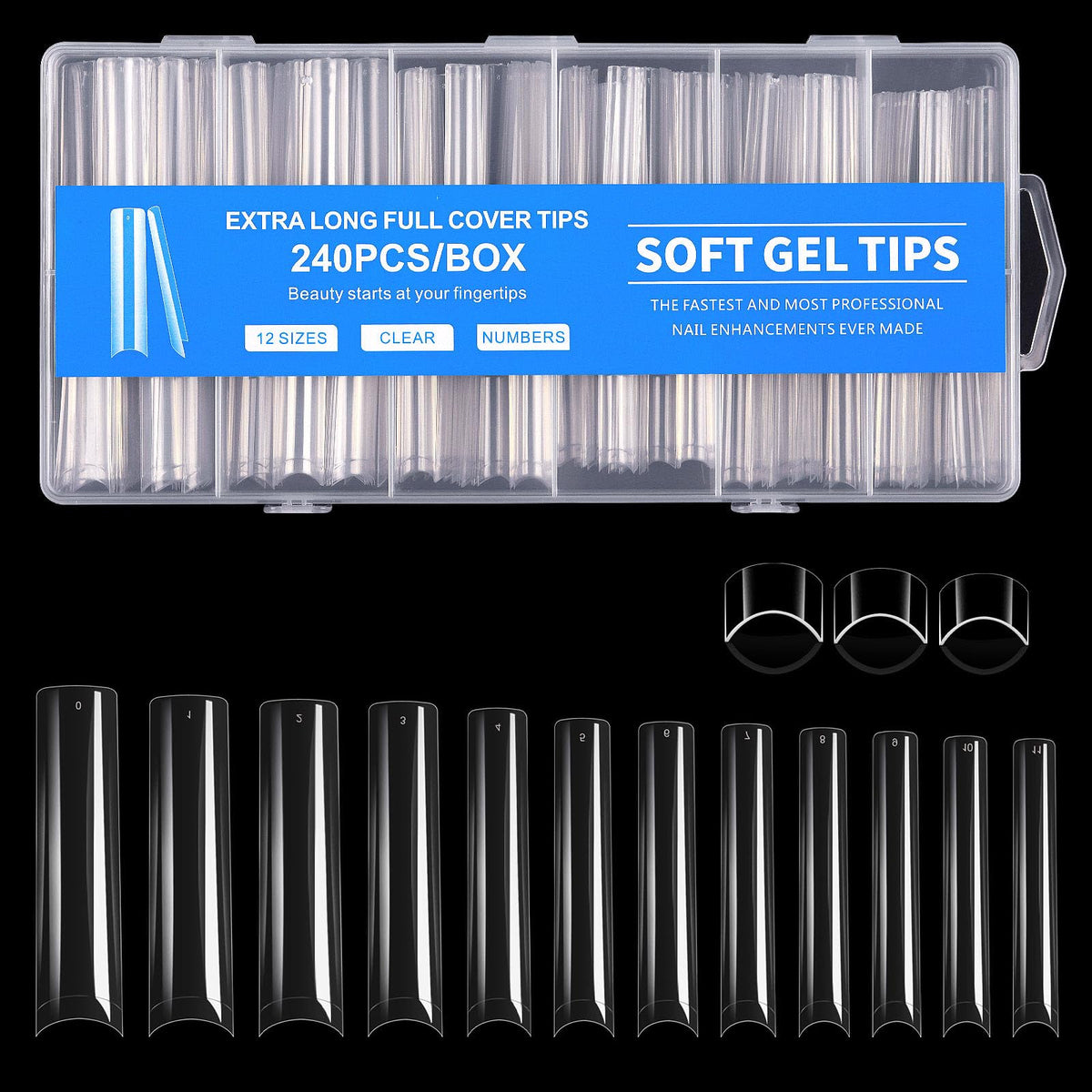 Cycullinyt Long Square Nail Tips 240Pcs clear acrylic front view