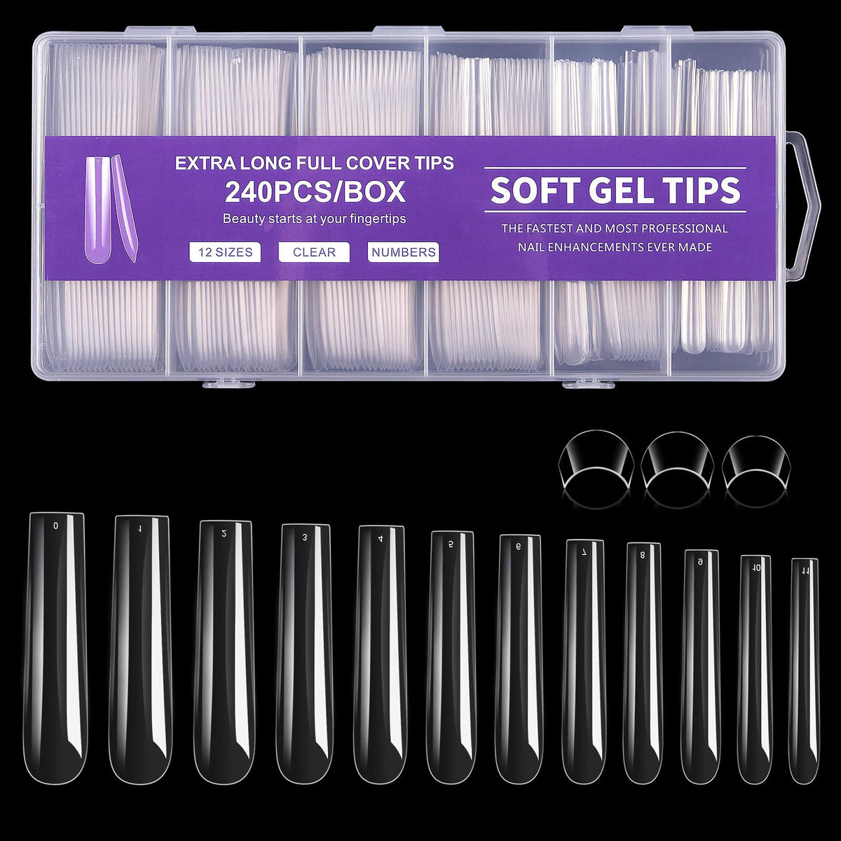 Cycullinyt Long Square Nail Tips 240Pcs clear soft gel tips front view
