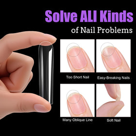 Cycullinyt Long Square Nail Tips displayed with nail glue and UV lamp