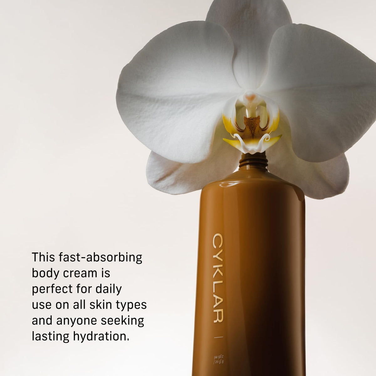 CYKLAR Hydrating Body Cream 48-Hr Moisture Vanilla Verve on a bathroom counter