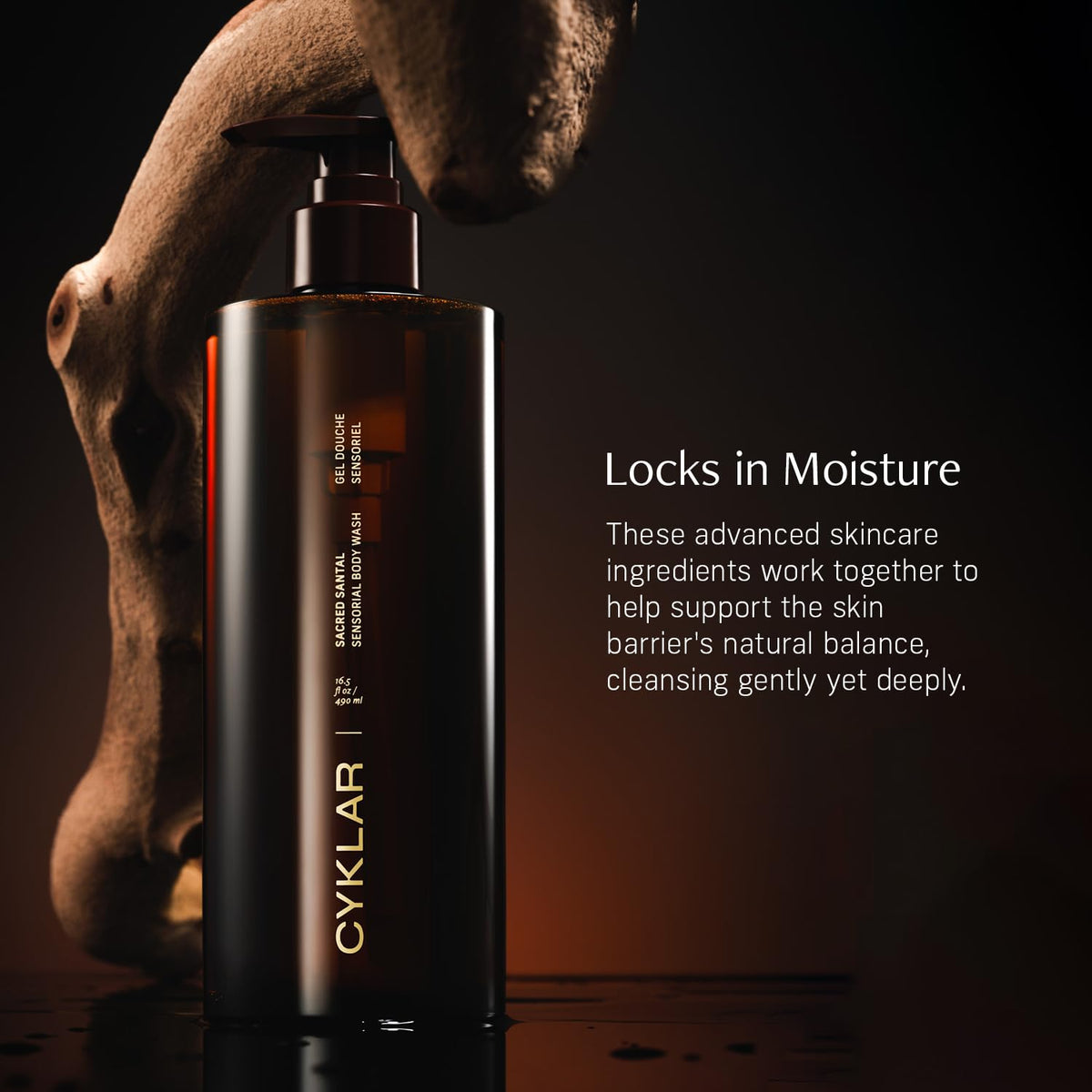 CYKLAR Sensorial Multi-Oil Body Wash Sacred Santal ingredients close-up