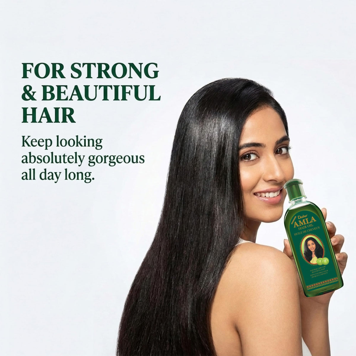 Dabur Amla Hair Oil lifestyle scene with happy user