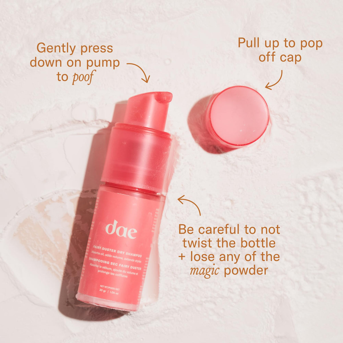 DAE Fairy Duster Dry Shampoo Powder with citrus fruits background