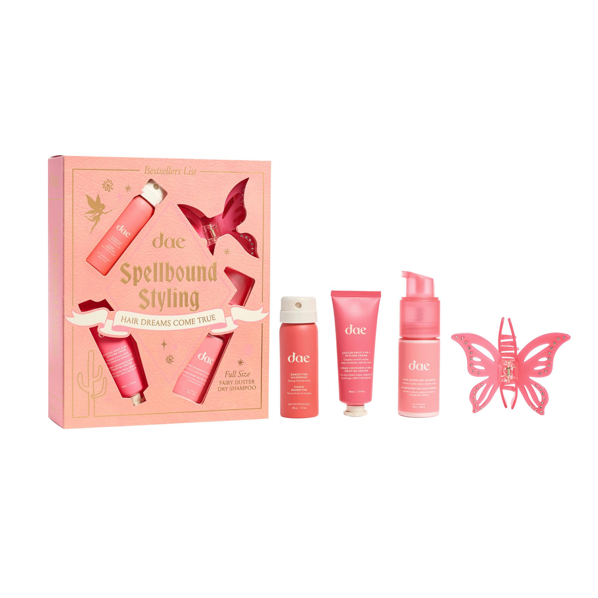 DAE Spellbound Styling Set including Fairy Duster Dry Shampoo, mini Styling Cream, and mini Sunsetter Hairspray