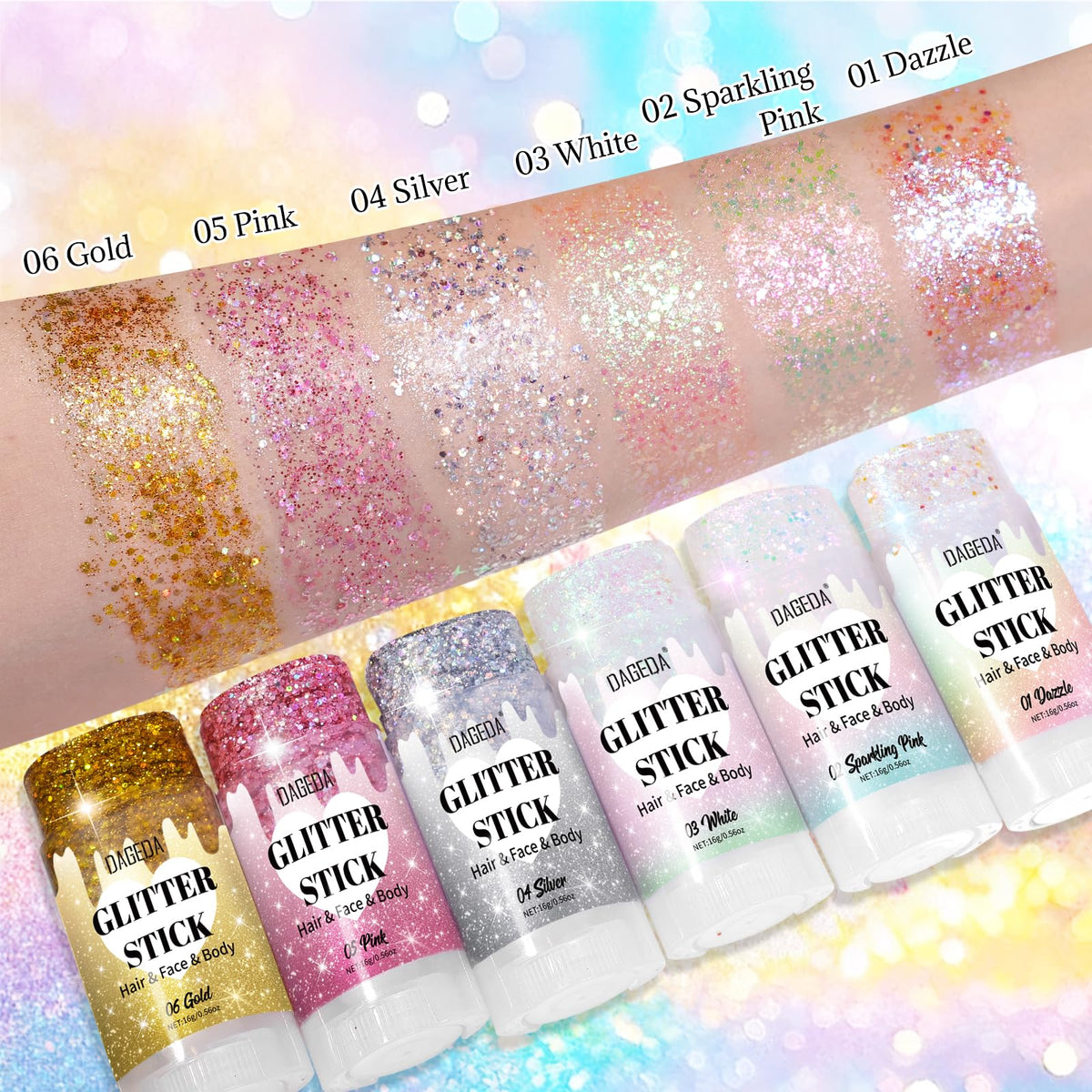 DAGEDA Dazzle White Body Glitter Stick displayed with festive accessories