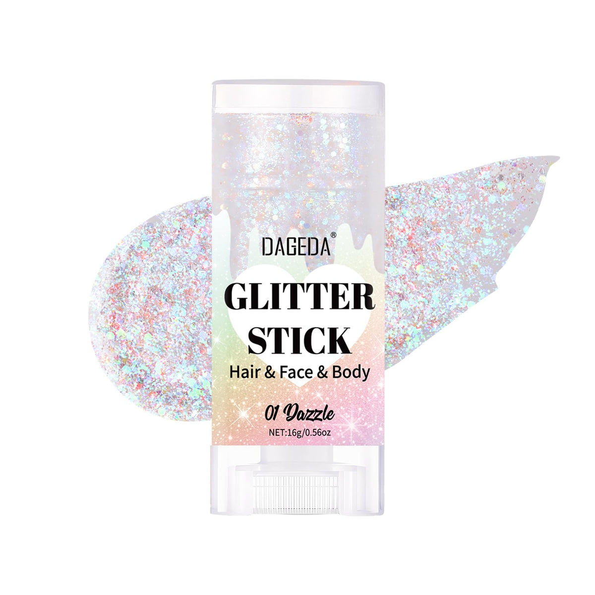 DAGEDA Dazzle White Body Glitter Stick front view with glitter particles