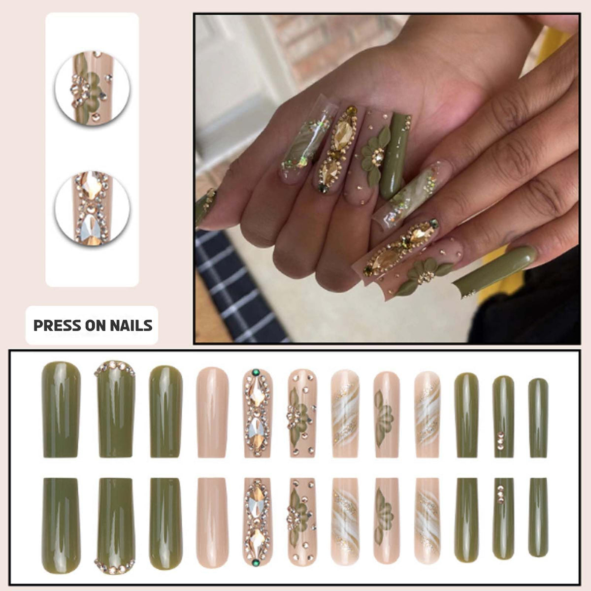 DANMANR Green Fake Acrylic Long Nails applied on hands