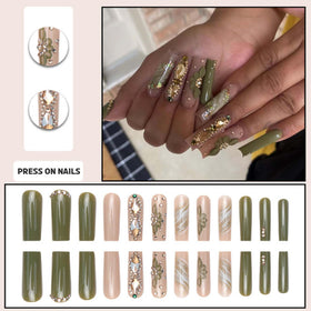DANMANR Green Fake Acrylic Long Nails applied on hands